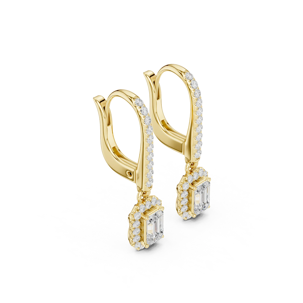 Emerald Cut VVS Diamond Gold Halo Drop Earrings