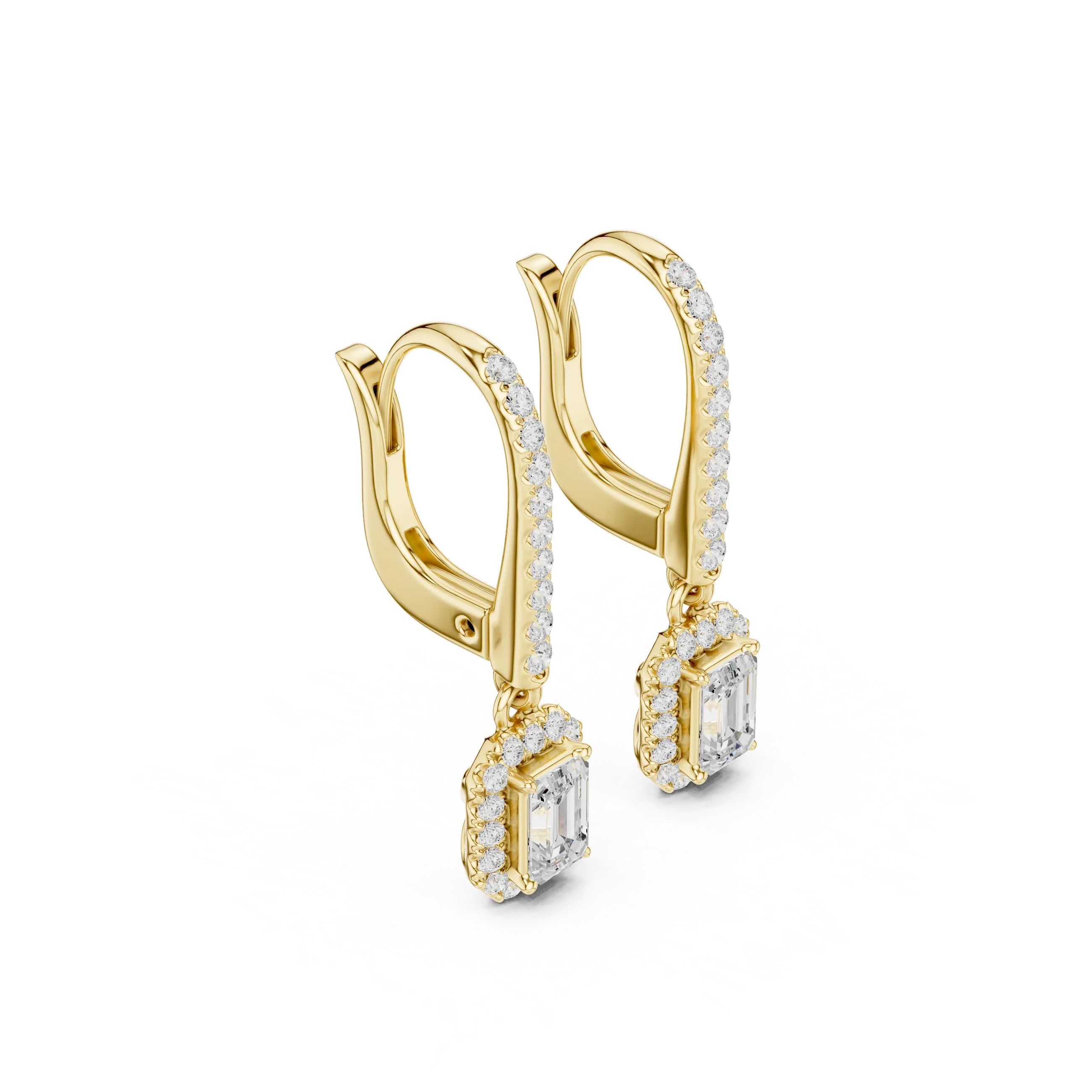 Emerald Cut VVS Diamond Gold Halo Drop Earrings