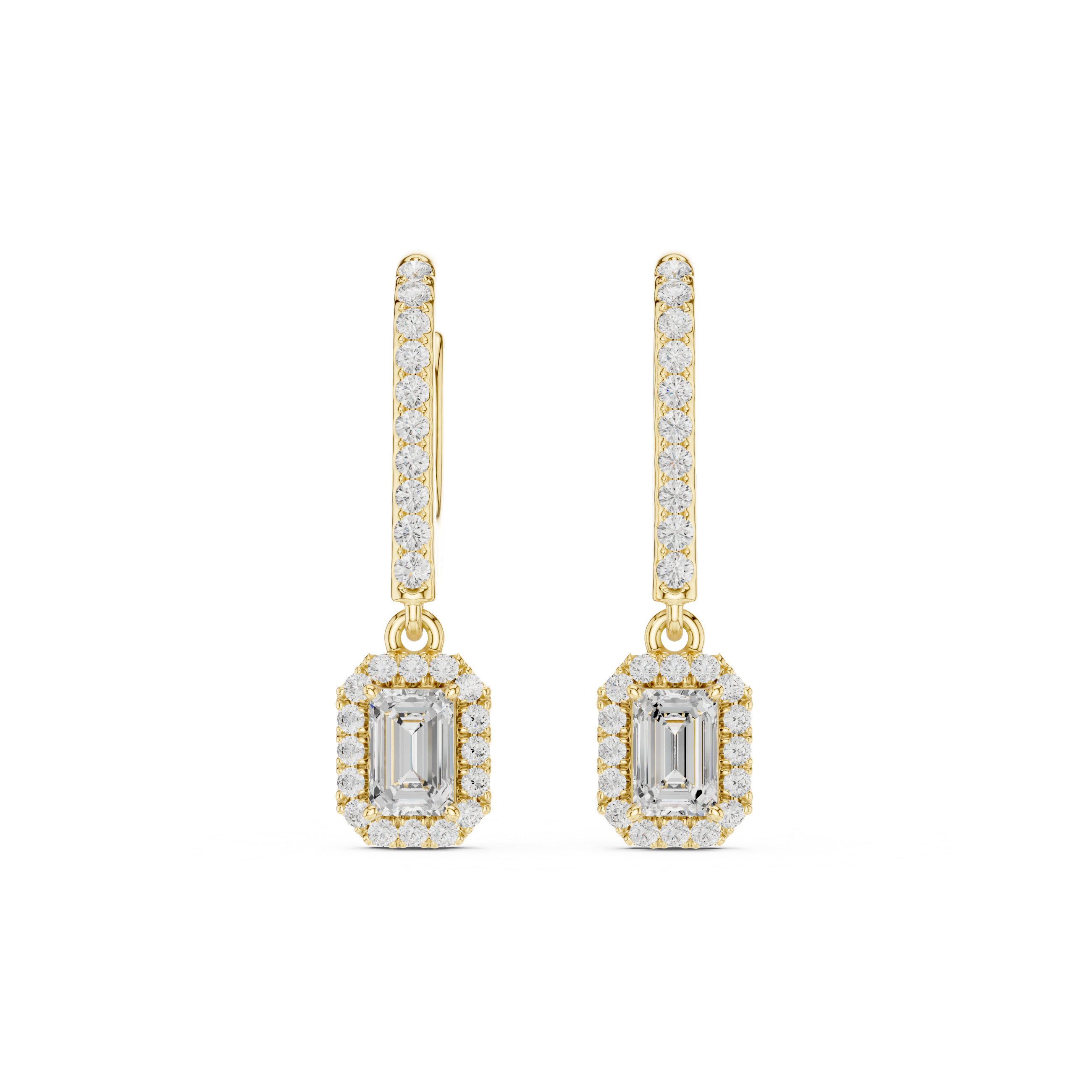Emerald Cut VVS Diamond Gold Halo Drop Earrings