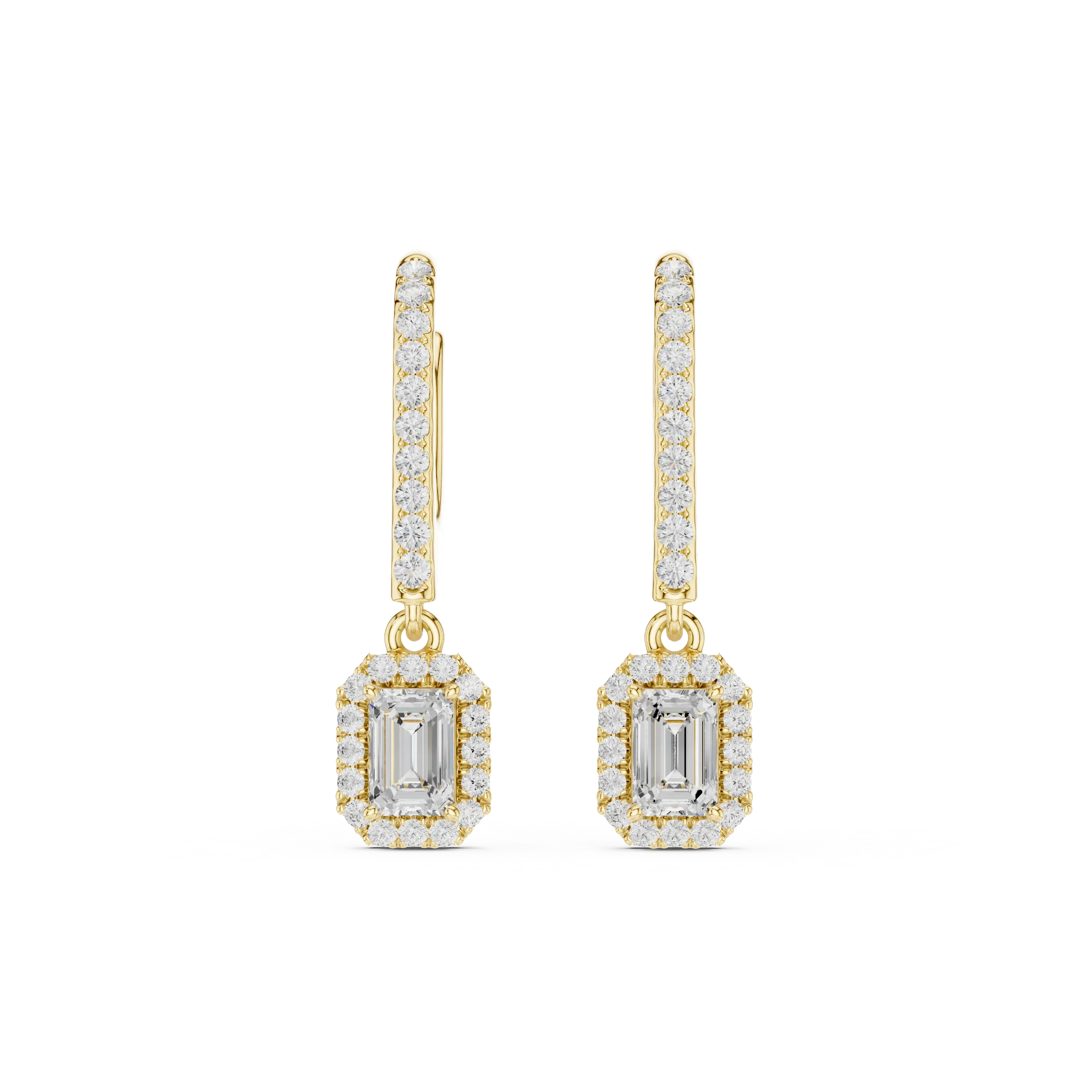 Emerald Cut VVS Diamond Gold Halo Drop Earrings