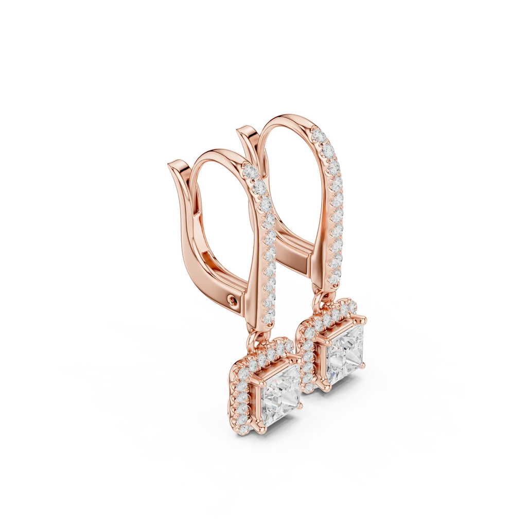 Princess Cut VVS Diamond Gold Halo Drop Earrings