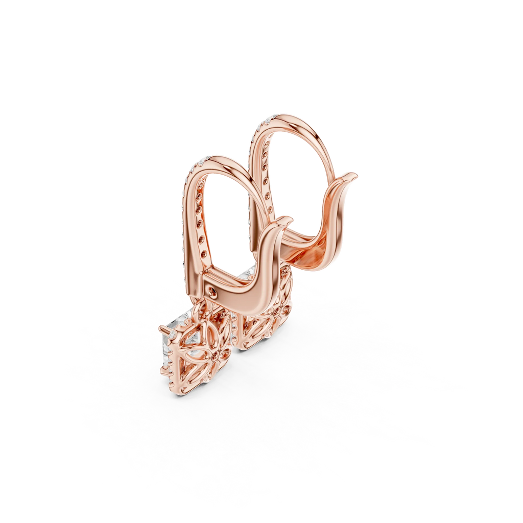 Princess Cut VVS Diamond Gold Halo Drop Earrings