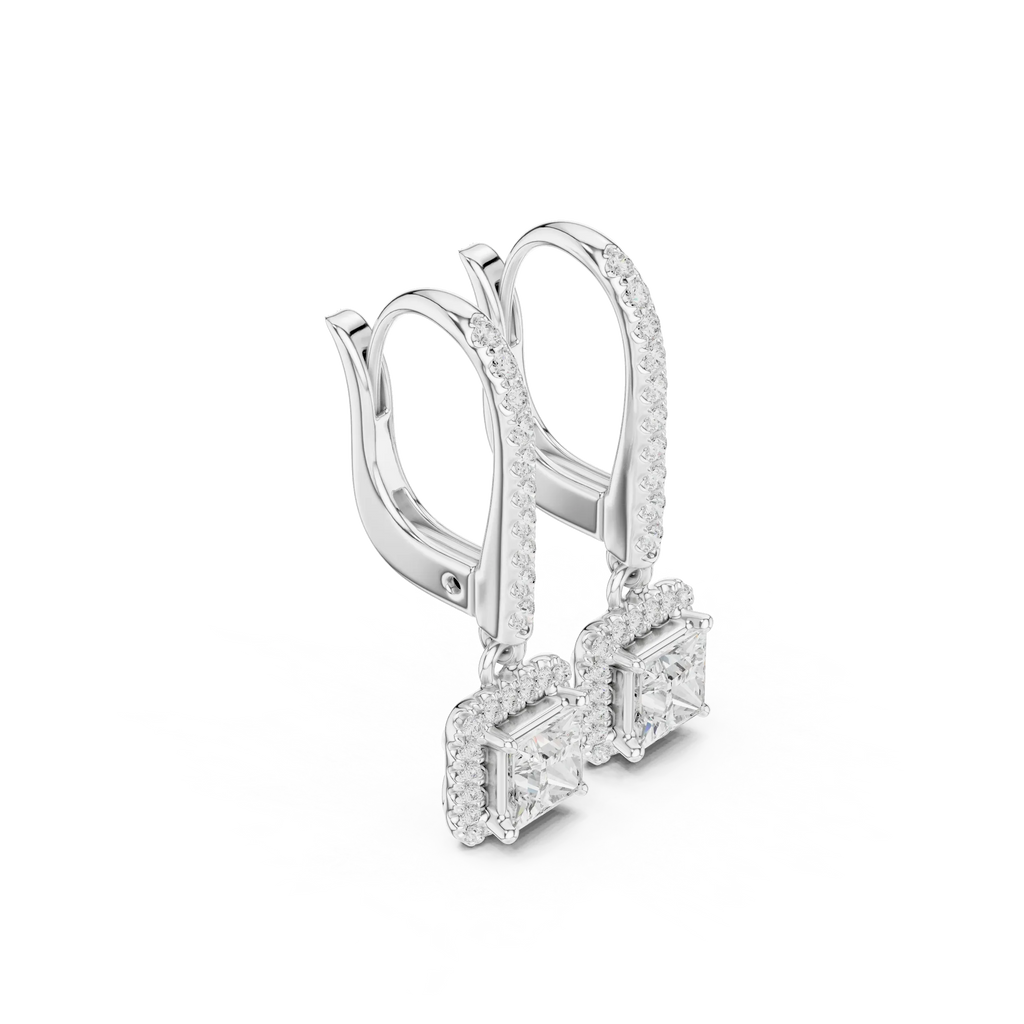 Princess Cut VVS Diamond Gold Halo Drop Earrings