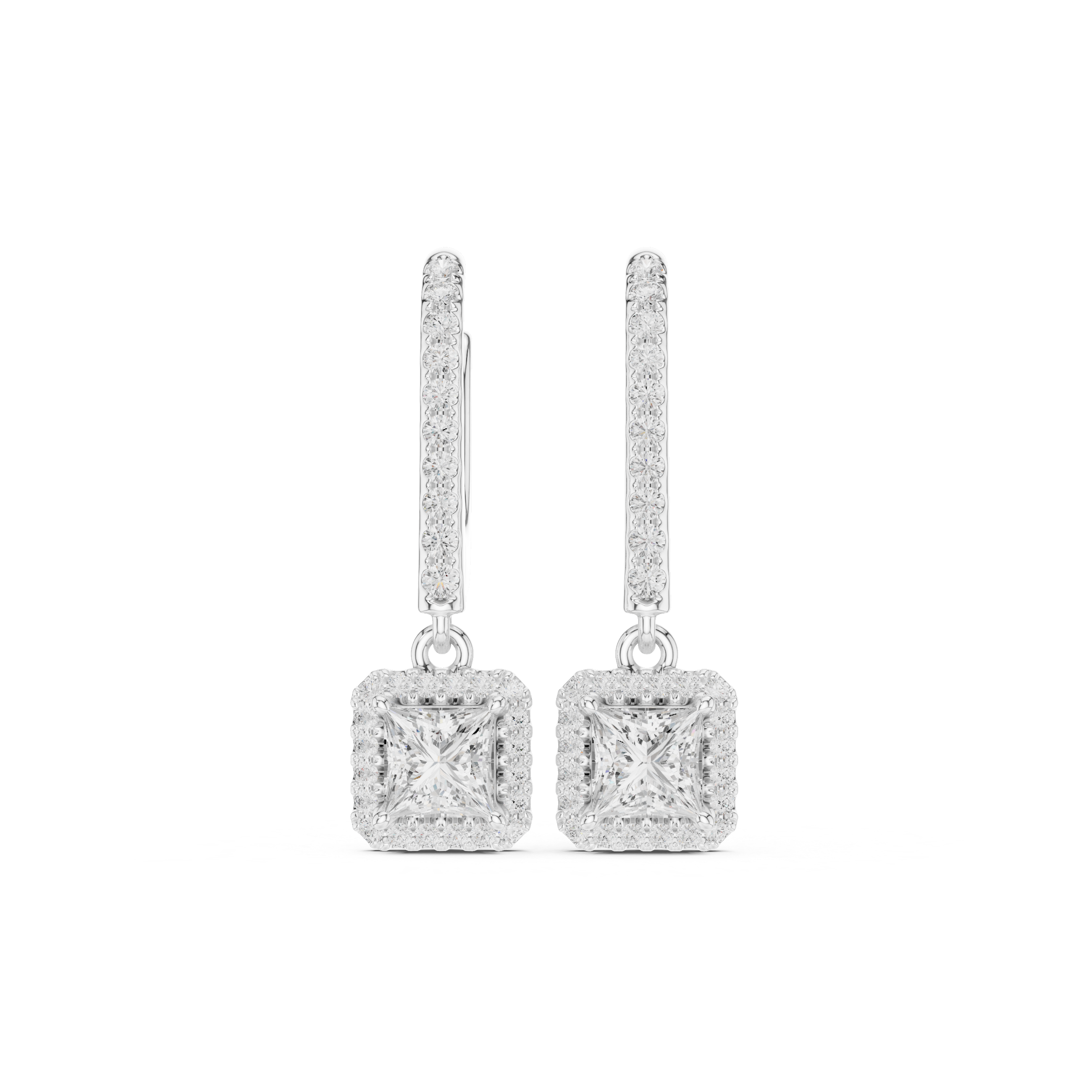 Princess Cut VVS Diamond Gold Halo Drop Earrings