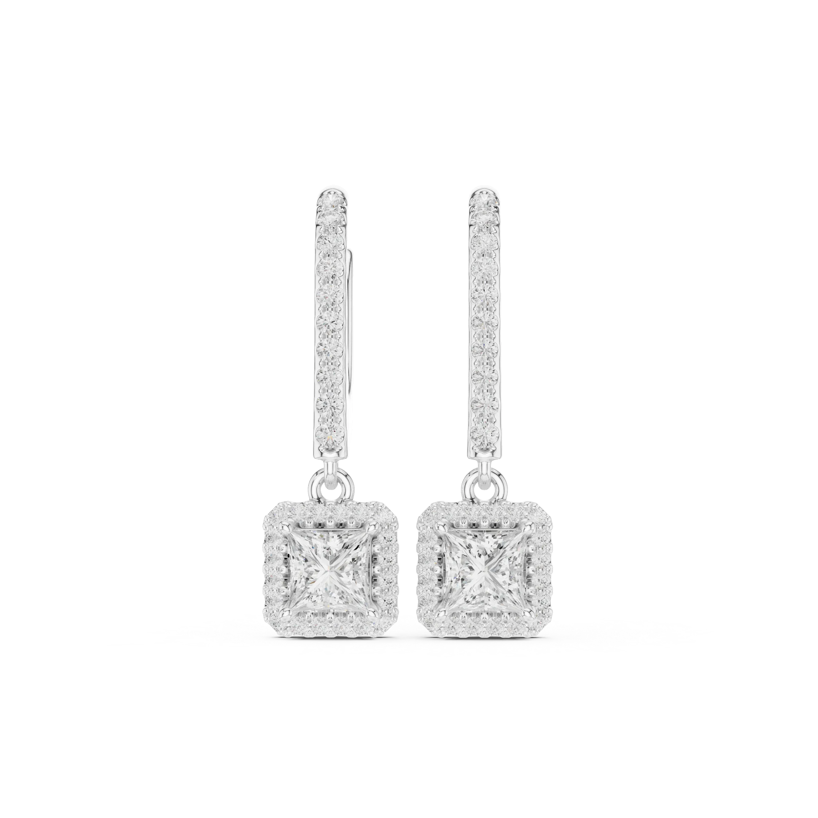 Princess Cut VVS Diamond Gold Halo Drop Earrings