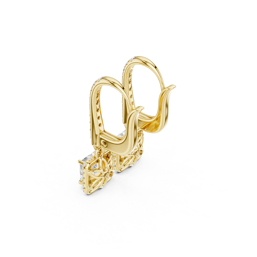 Princess Cut VVS Diamond Gold Halo Drop Earrings