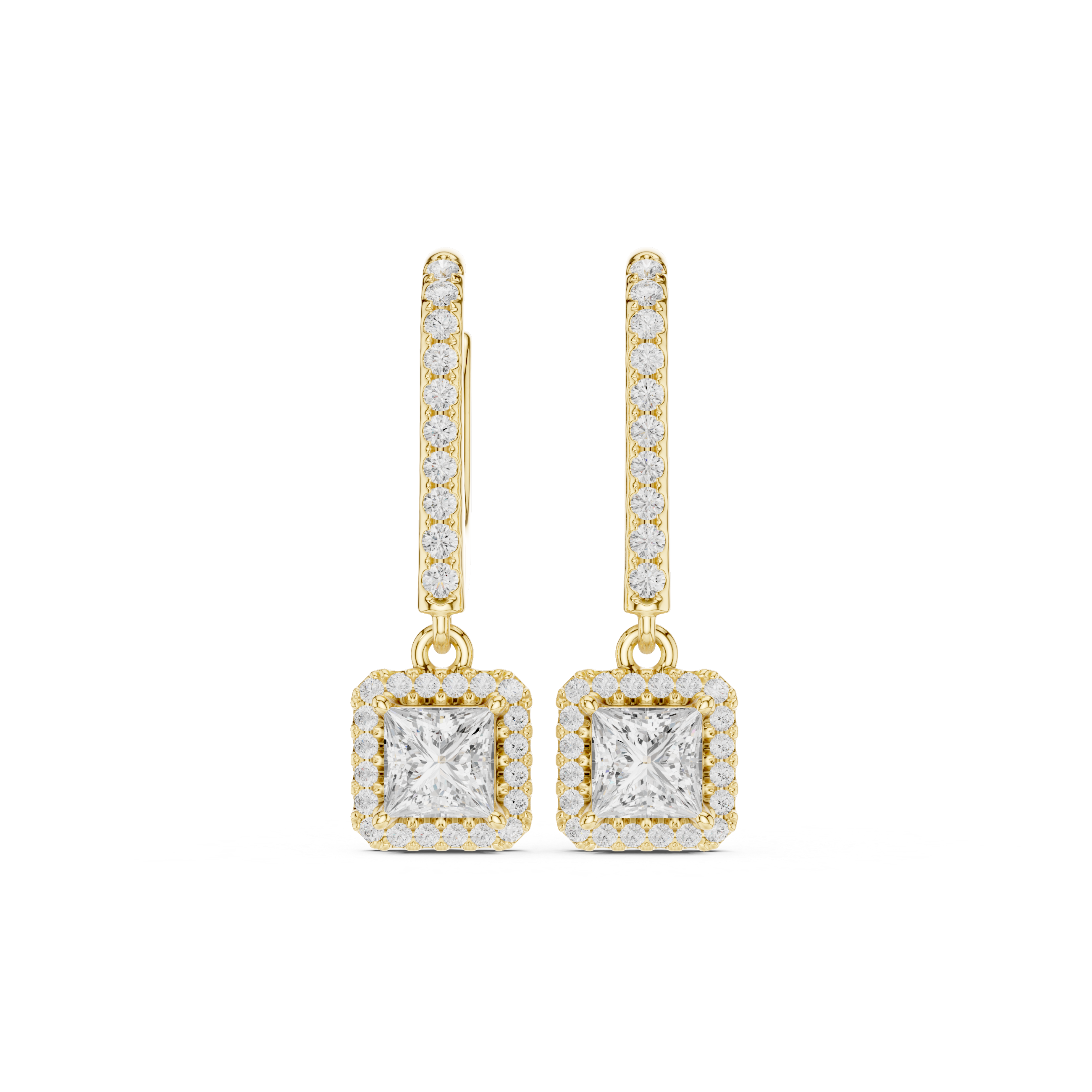 Princess Cut VVS Diamond Gold Halo Drop Earrings