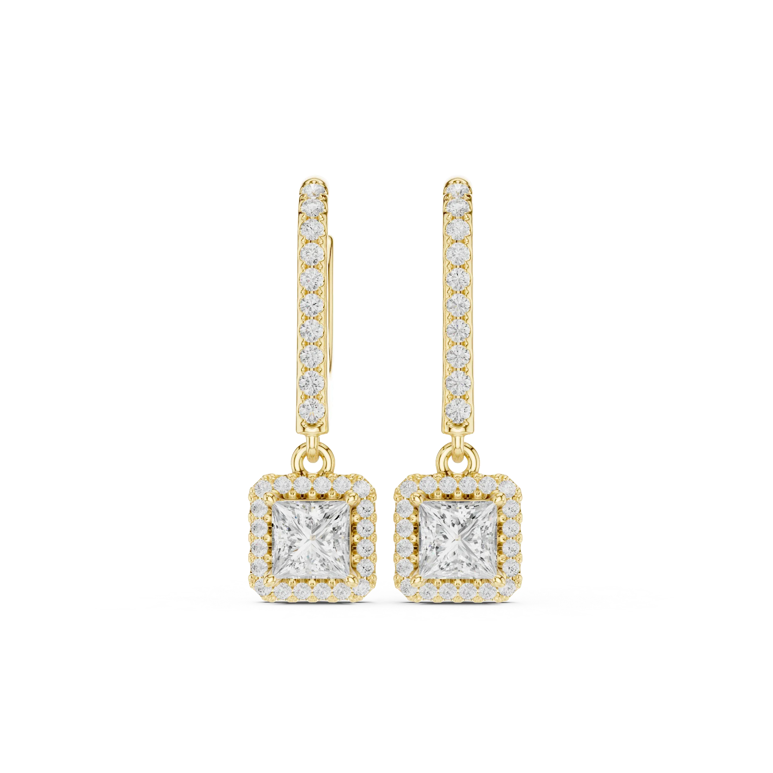 Princess Cut VVS Diamond Gold Halo Drop Earrings