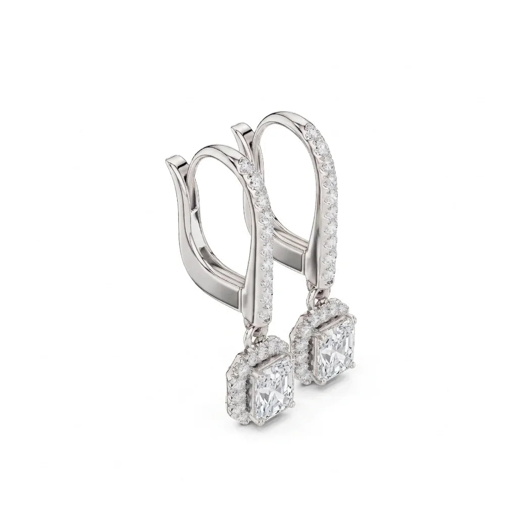 Radiant Cut VVS Diamond Gold Halo Drop Earrings