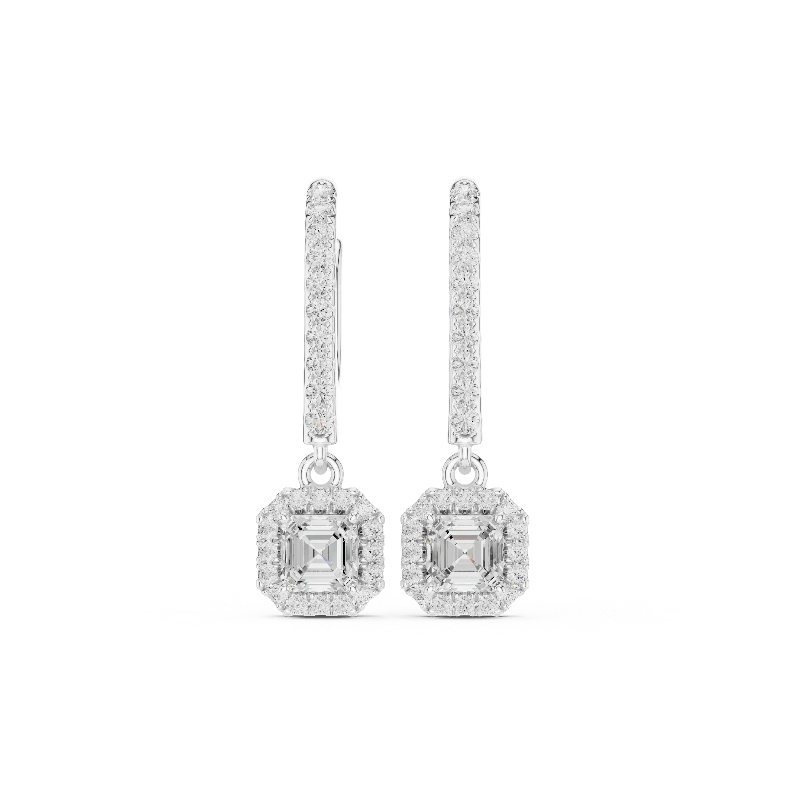 Radiant Cut VVS Diamond Gold Halo Drop Earrings