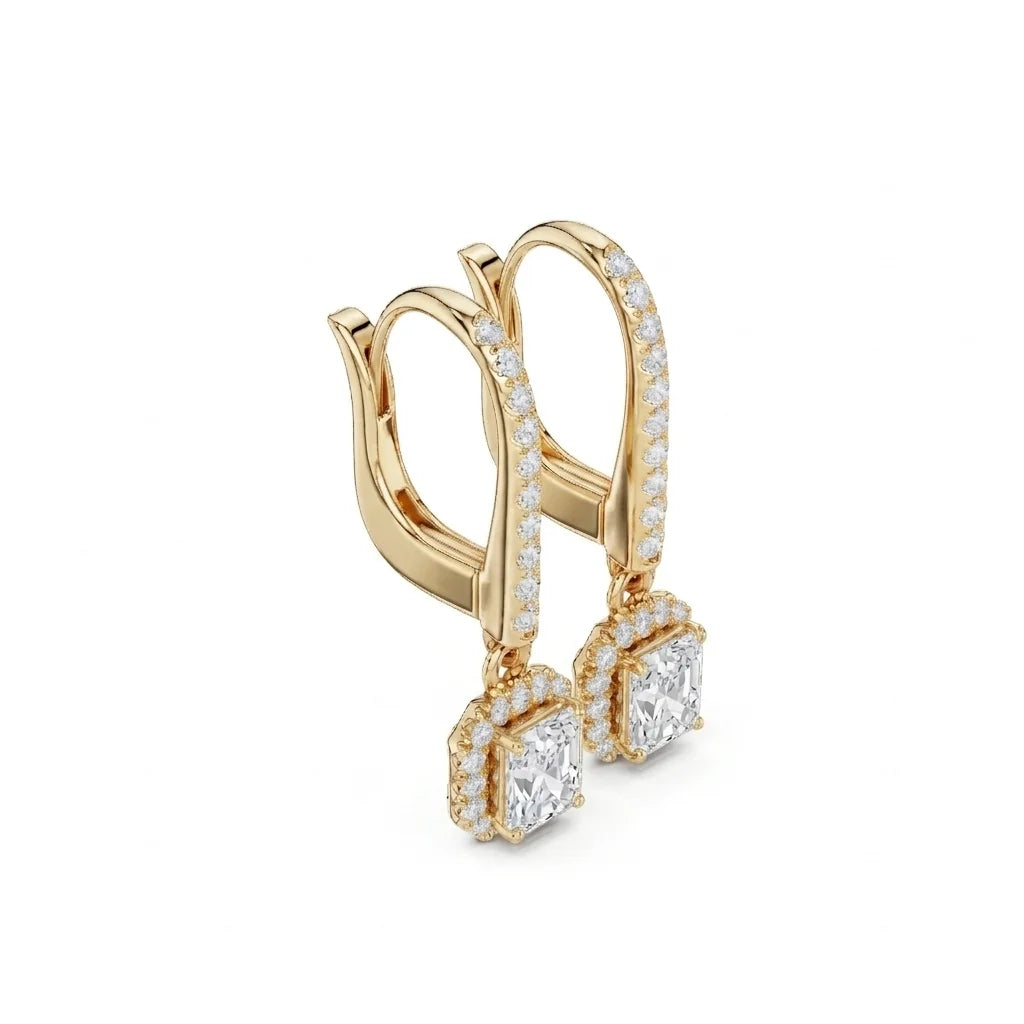 Radiant Cut VVS Diamond Gold Halo Drop Earrings