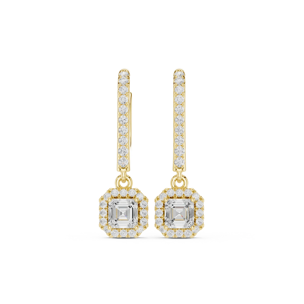 Radiant Cut VVS Diamond Gold Halo Drop Earrings