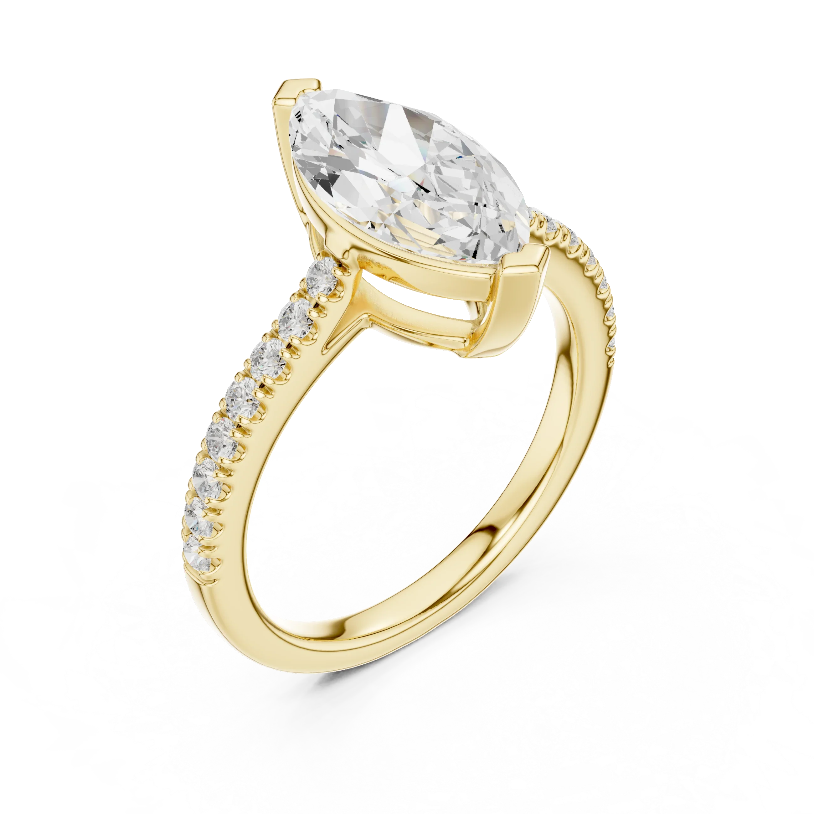 14K Yellow Gold Marquise Cut Solitaire Pave Band Promise Ring