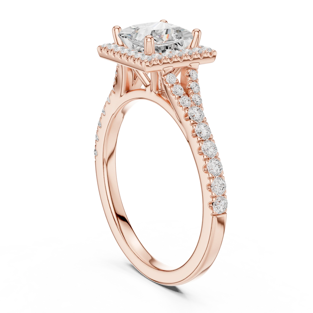 Princess Diamond Split-Shank Halo Engagement Square Ring in Rose Gold
