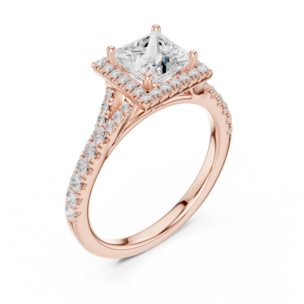 Princess Diamond Split-Shank Halo Engagement Square Ring in Rose Gold