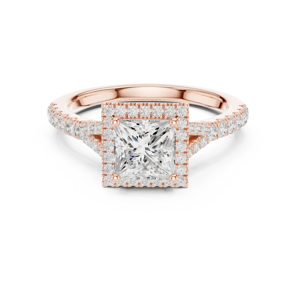 Princess Diamond Split-Shank Halo Engagement Square Ring in Rose Gold