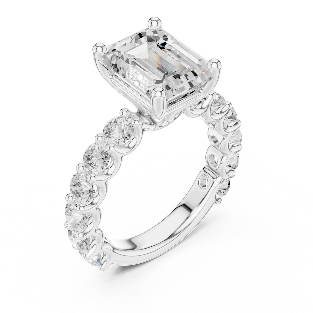 14K White Gold 5.92 CTW Emerald Round Cut Engagement Diamond Ring
