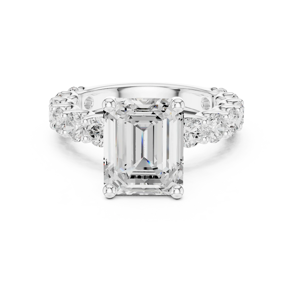14K White Gold 5.92 CTW Emerald Round Cut Engagement Diamond Ring