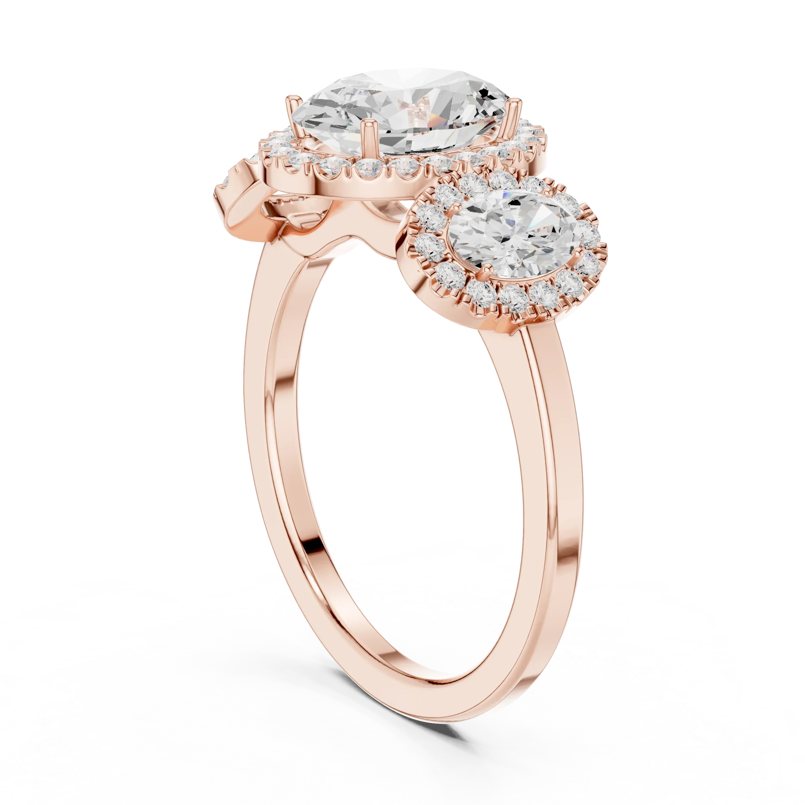 14k Gold Three-Stone Oval Cut Halo Setting Engagement Ring with Lab-Grown Diamond