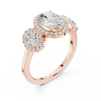 14k Gold Three-Stone Oval Cut Halo Setting Engagement Ring with Lab-Grown Diamond