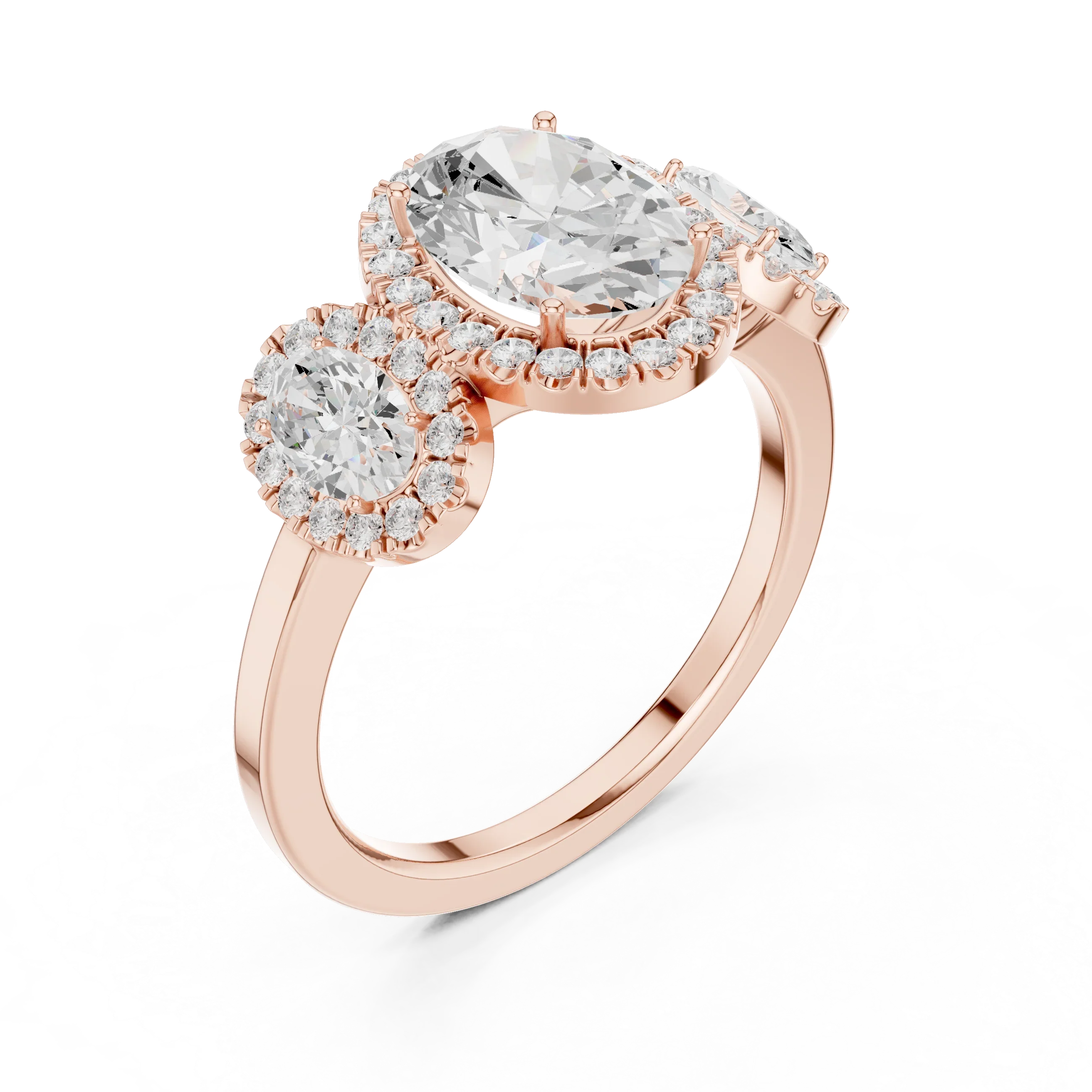 14k Gold Three-Stone Oval Cut Halo Setting Engagement Ring with Lab-Grown Diamond