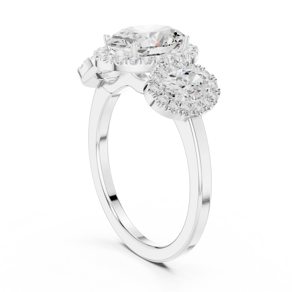 14k Gold Three-Stone Oval Cut Halo Setting Engagement Ring with Lab-Grown Diamond