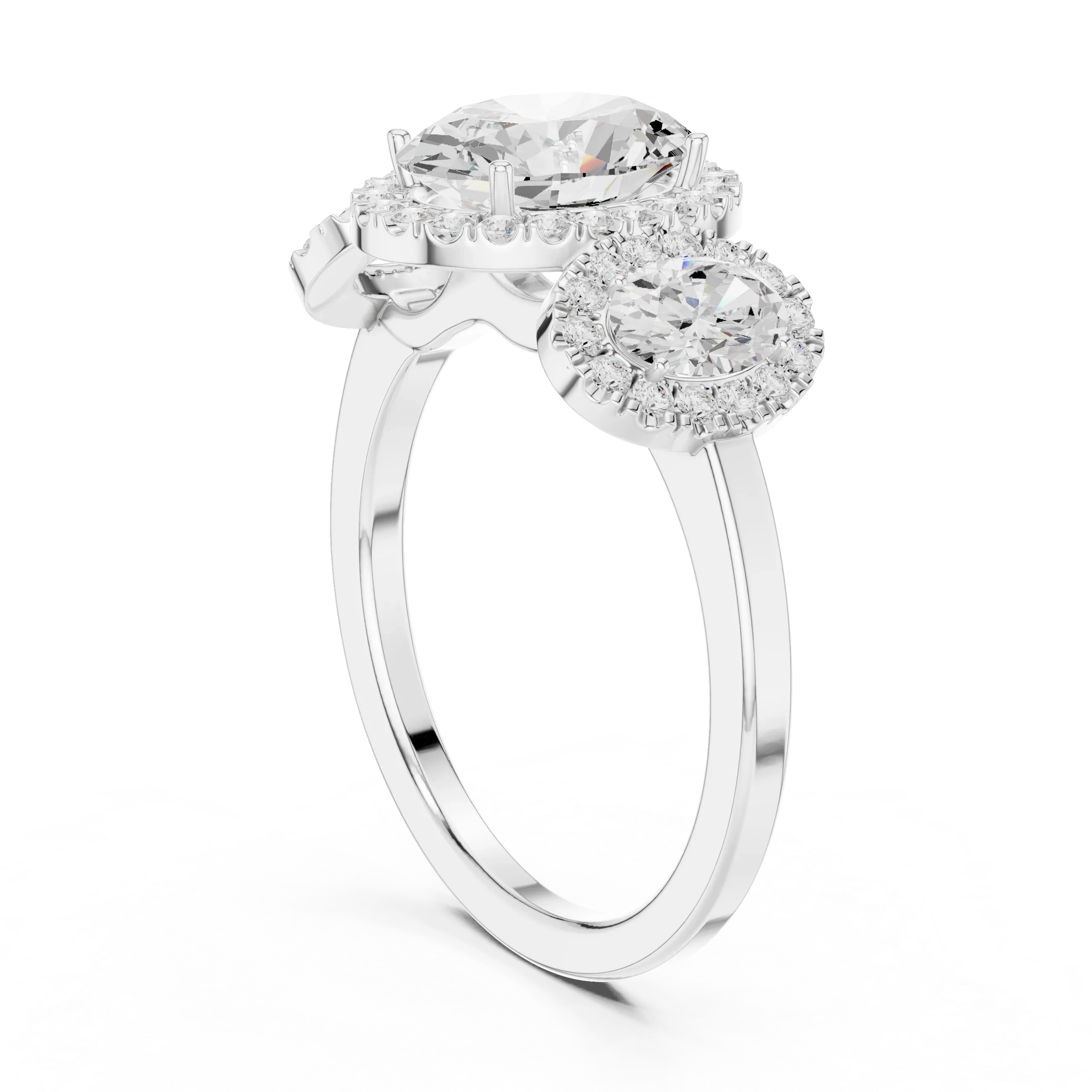 14k Gold Three-Stone Oval Cut Halo Setting Engagement Ring with Lab-Grown Diamond