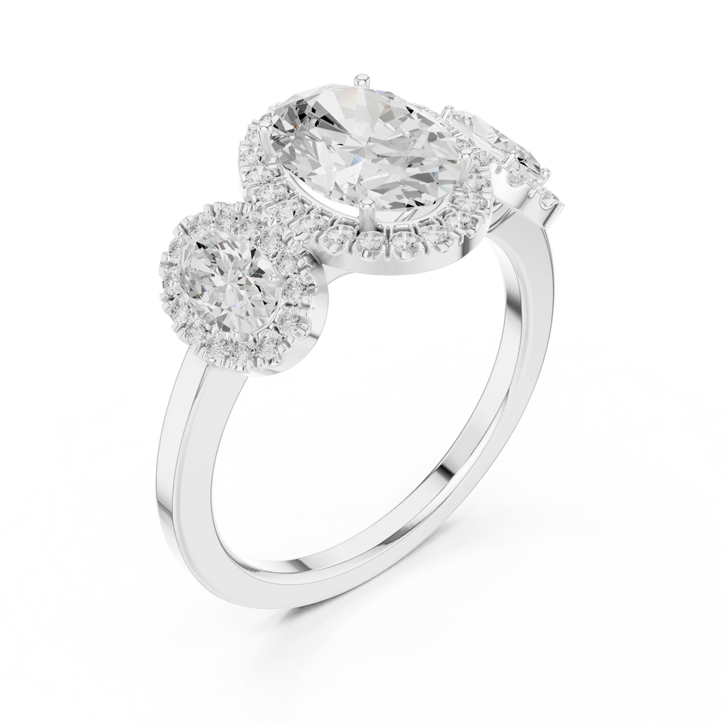 14k Gold Three-Stone Oval Cut Halo Setting Engagement Ring with Lab-Grown Diamond