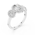 14k Gold Three-Stone Oval Cut Halo Setting Engagement Ring with Lab-Grown Diamond