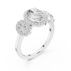 14k Gold Three-Stone Oval Cut Halo Setting Engagement Ring with Lab-Grown Diamond
