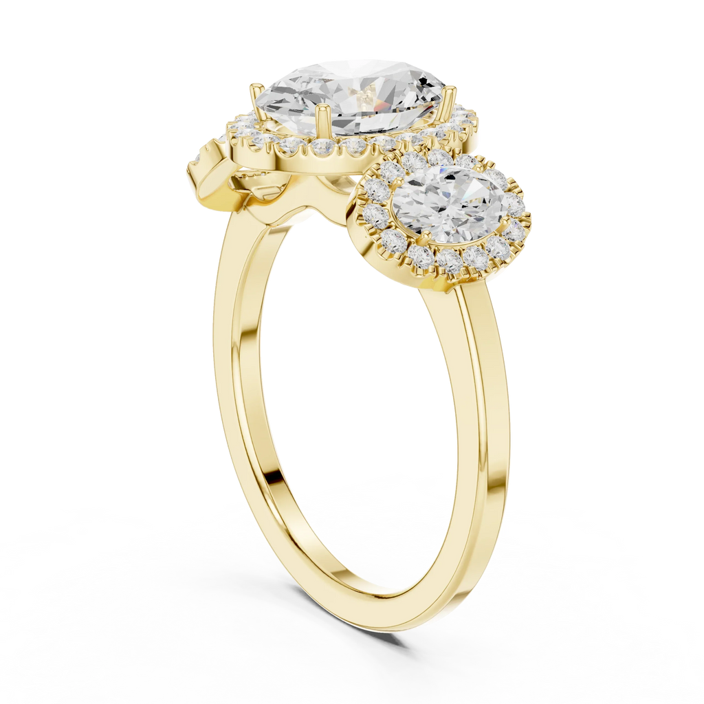 14k Gold Three-Stone Oval Cut Halo Setting Engagement Ring with Lab-Grown Diamond