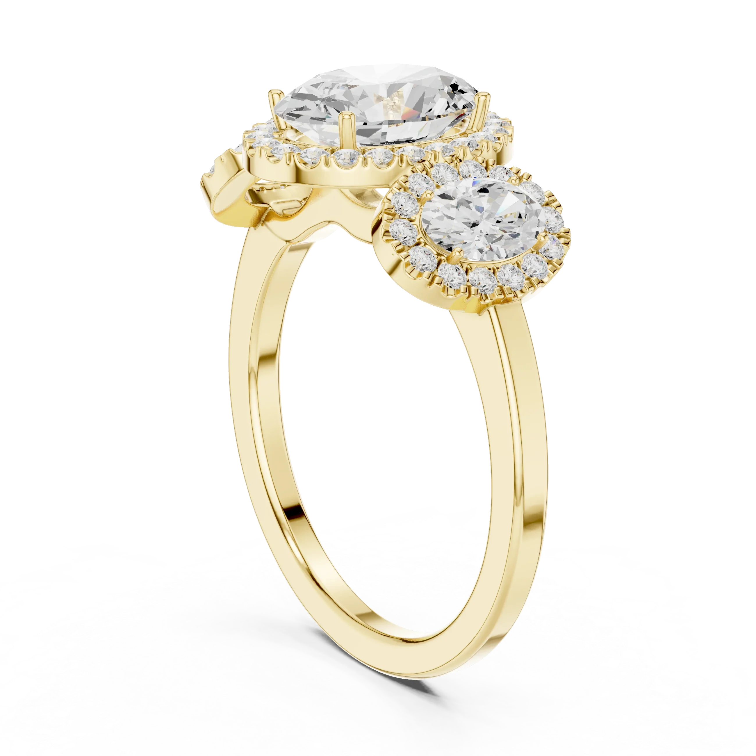 14k Gold Three-Stone Oval Cut Halo Setting Engagement Ring with Lab-Grown Diamond