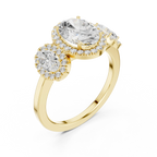 14k Gold Three-Stone Oval Cut Halo Setting Engagement Ring with Lab-Grown Diamond