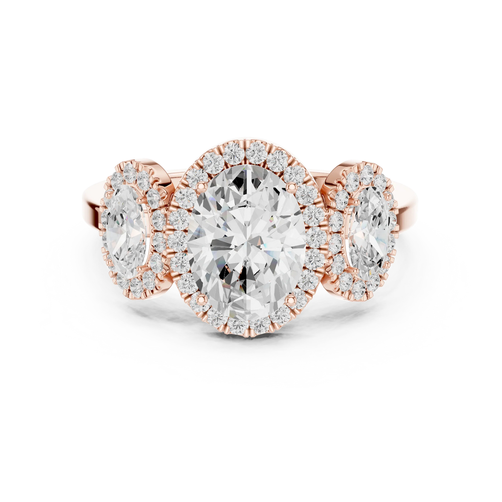 14k Gold Three-Stone Oval Cut Halo Setting Engagement Ring with Lab-Grown Diamond