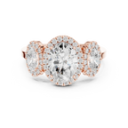 14k Gold Three-Stone Oval Cut Halo Setting Engagement Ring with Lab-Grown Diamond