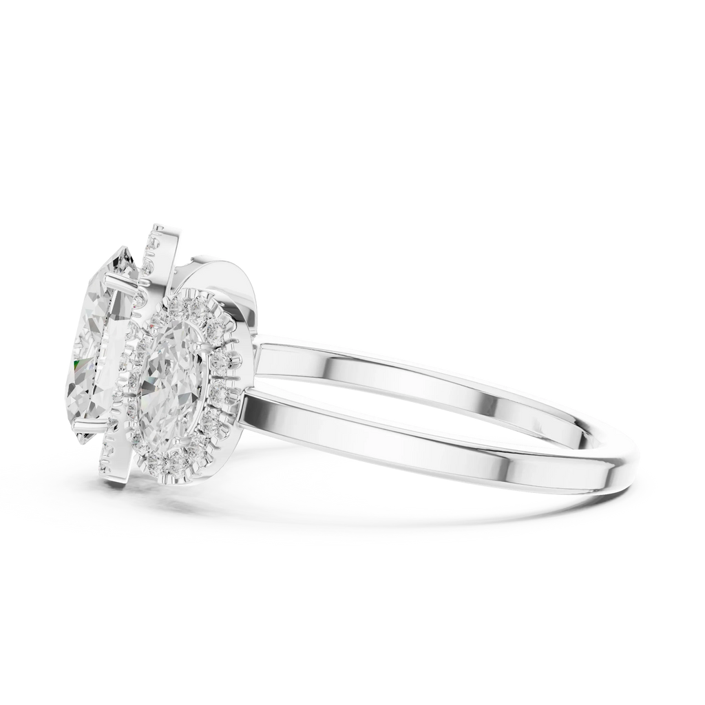 14k Gold Three-Stone Oval Cut Halo Setting Engagement Ring with Lab-Grown Diamond
