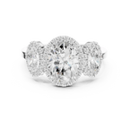14k Gold Three-Stone Oval Cut Halo Setting Engagement Ring with Lab-Grown Diamond