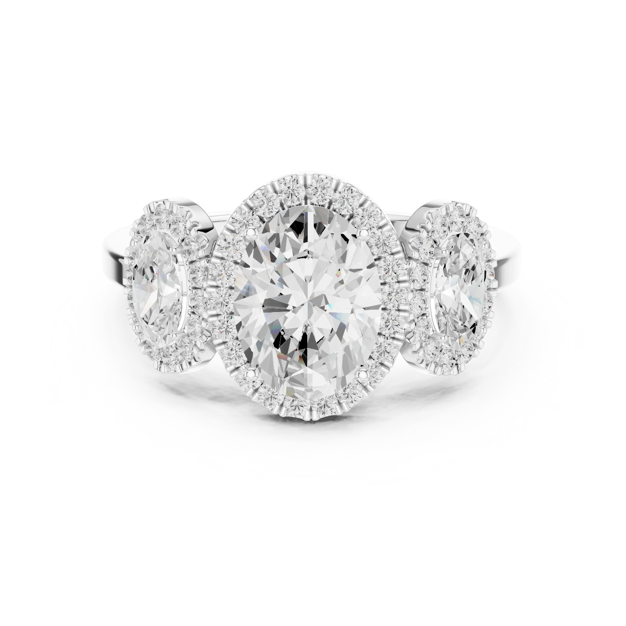 14k Gold Three-Stone Oval Cut Halo Setting Engagement Ring with Lab-Grown Diamond