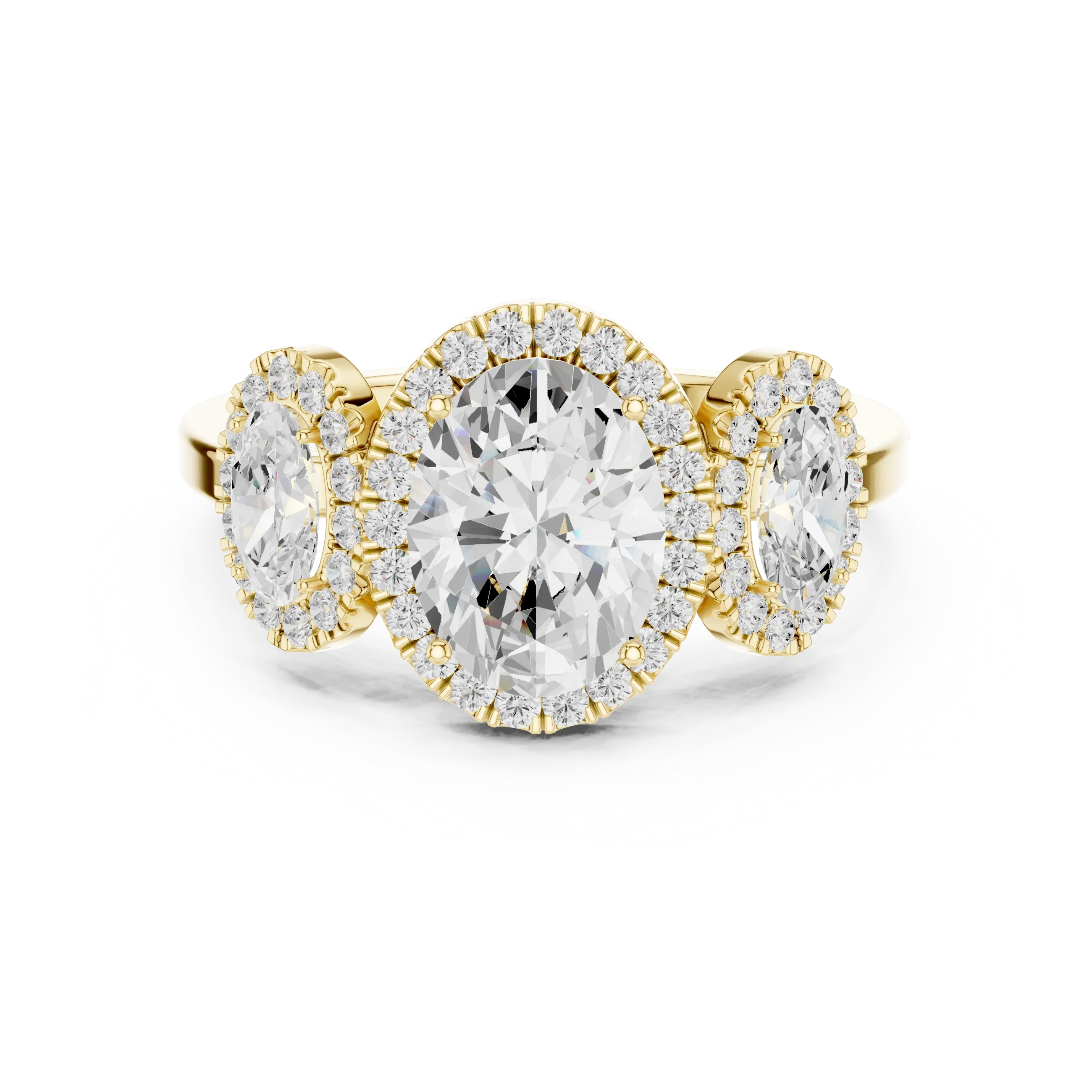 14k Gold Three-Stone Oval Cut Halo Setting Engagement Ring with Lab-Grown Diamond