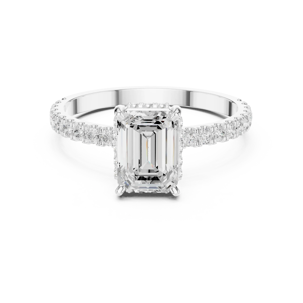 1.34 CTW 14K White Gold Hidden Halo Emerald Moissanite Engagement Ring