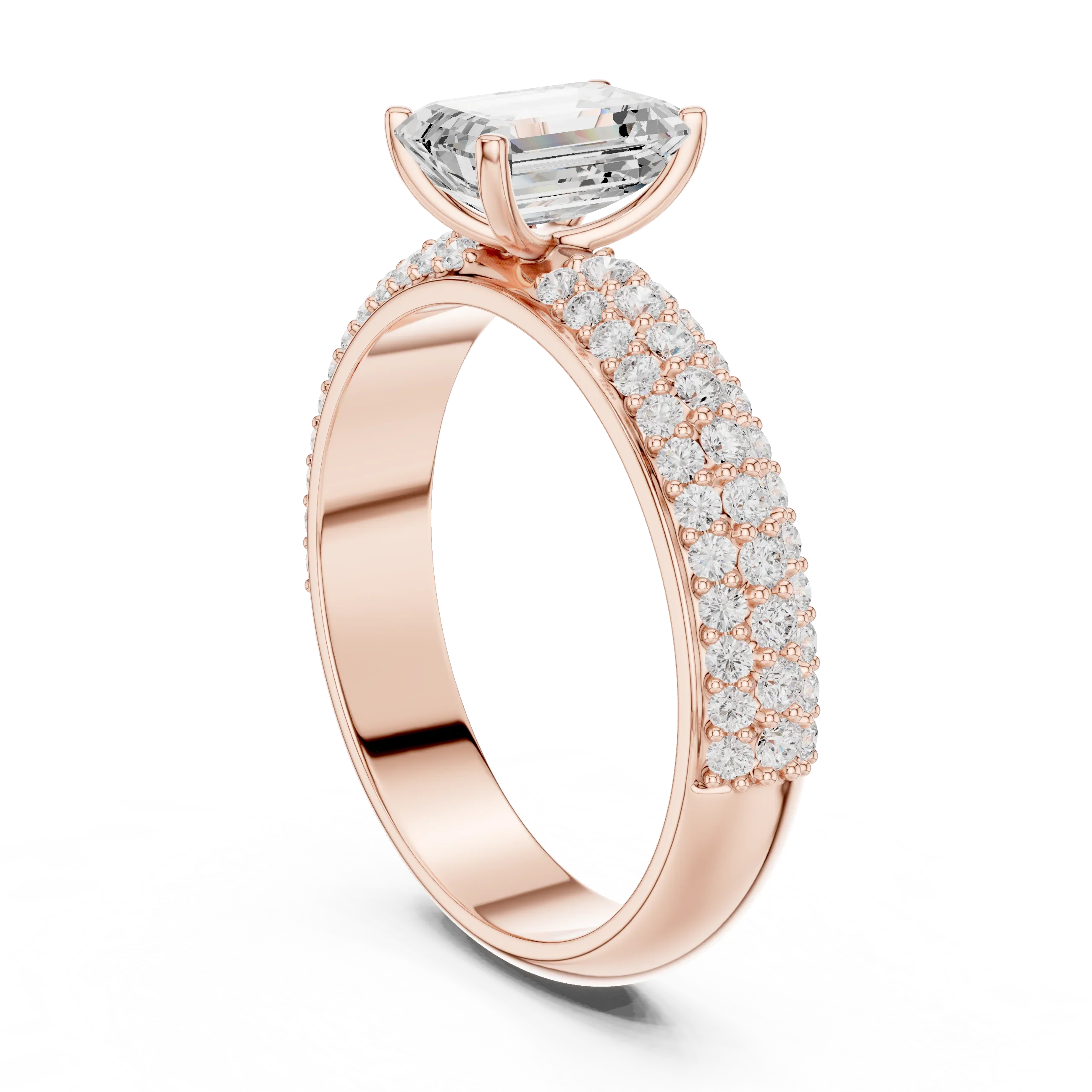 14KT Rose Gold Triple Row Emerald Cut D Color Lab Diamond Ring, Gift For Her