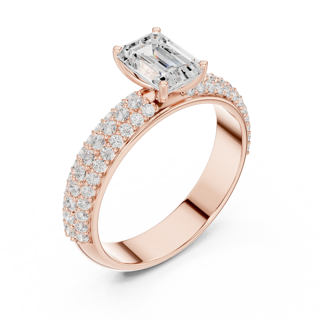 14KT Rose Gold Triple Row Emerald Cut D Color Lab Diamond Ring, Gift For Her
