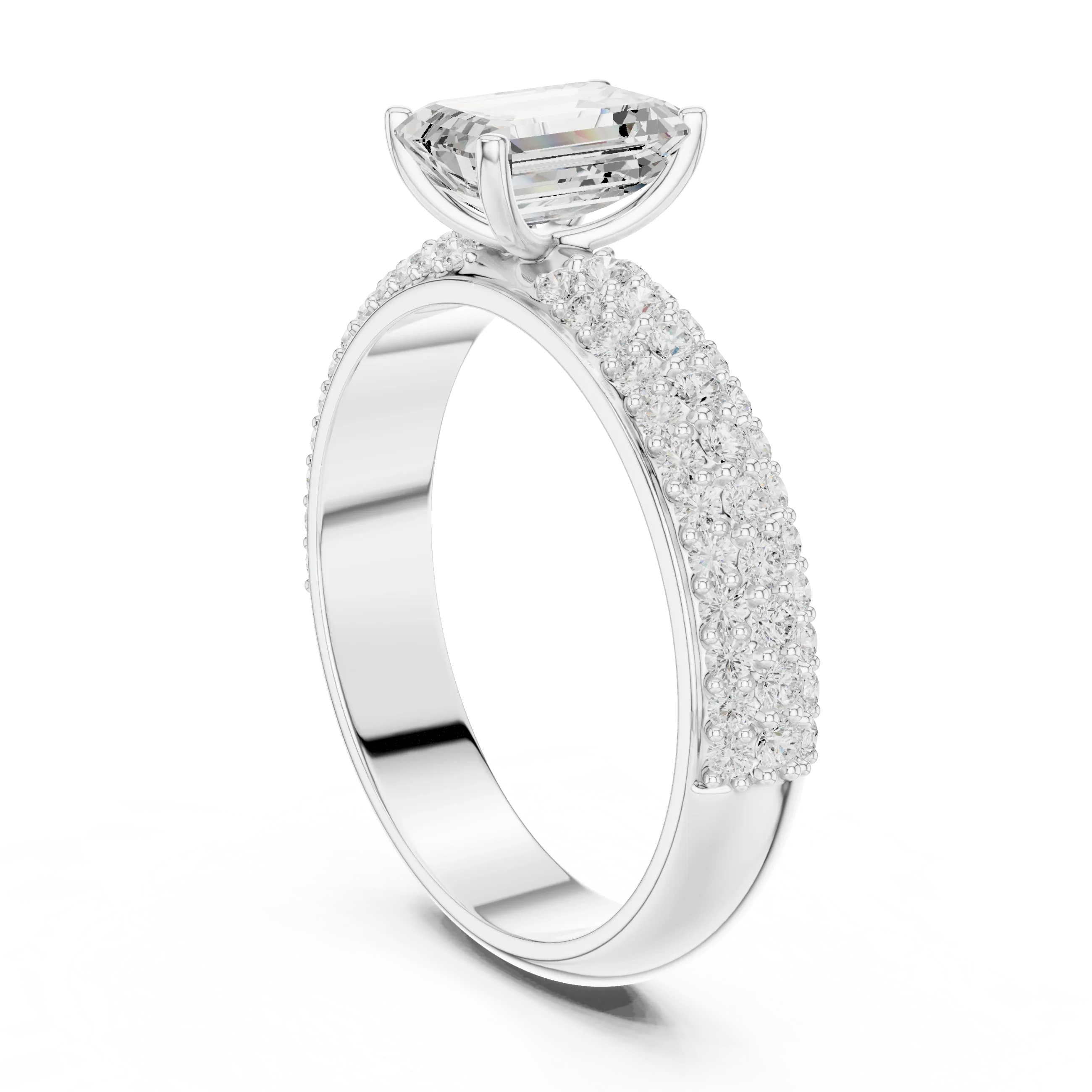 14KT Rose Gold Triple Row Emerald Cut D Color Lab Diamond Ring, Gift For Her