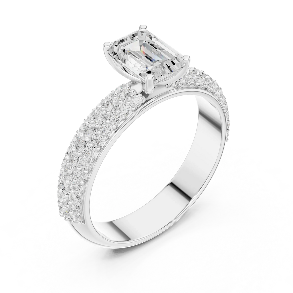 14KT Rose Gold Triple Row Emerald Cut D Color Lab Diamond Ring, Gift For Her