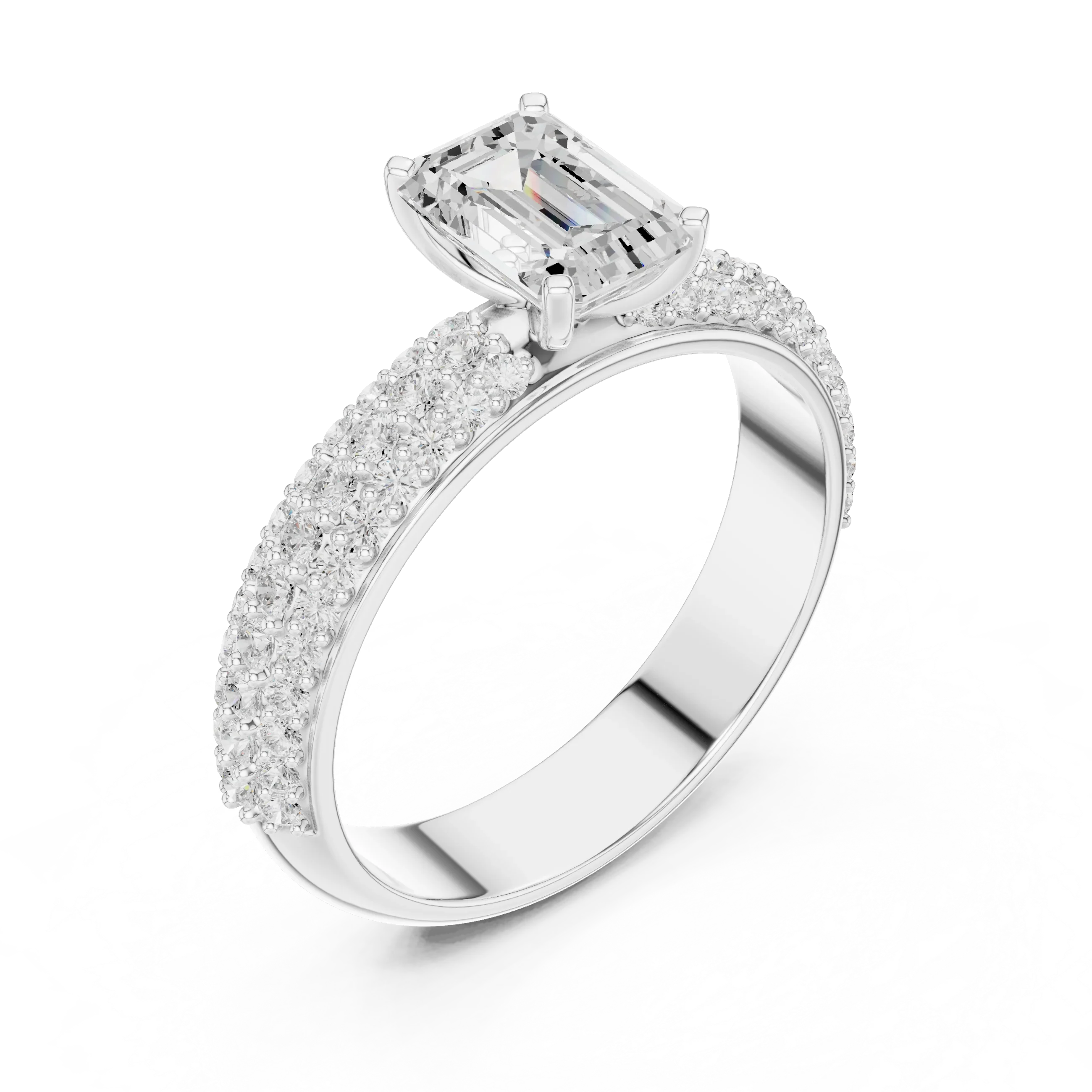 14KT Rose Gold Triple Row Emerald Cut D Color Lab Diamond Ring, Gift For Her
