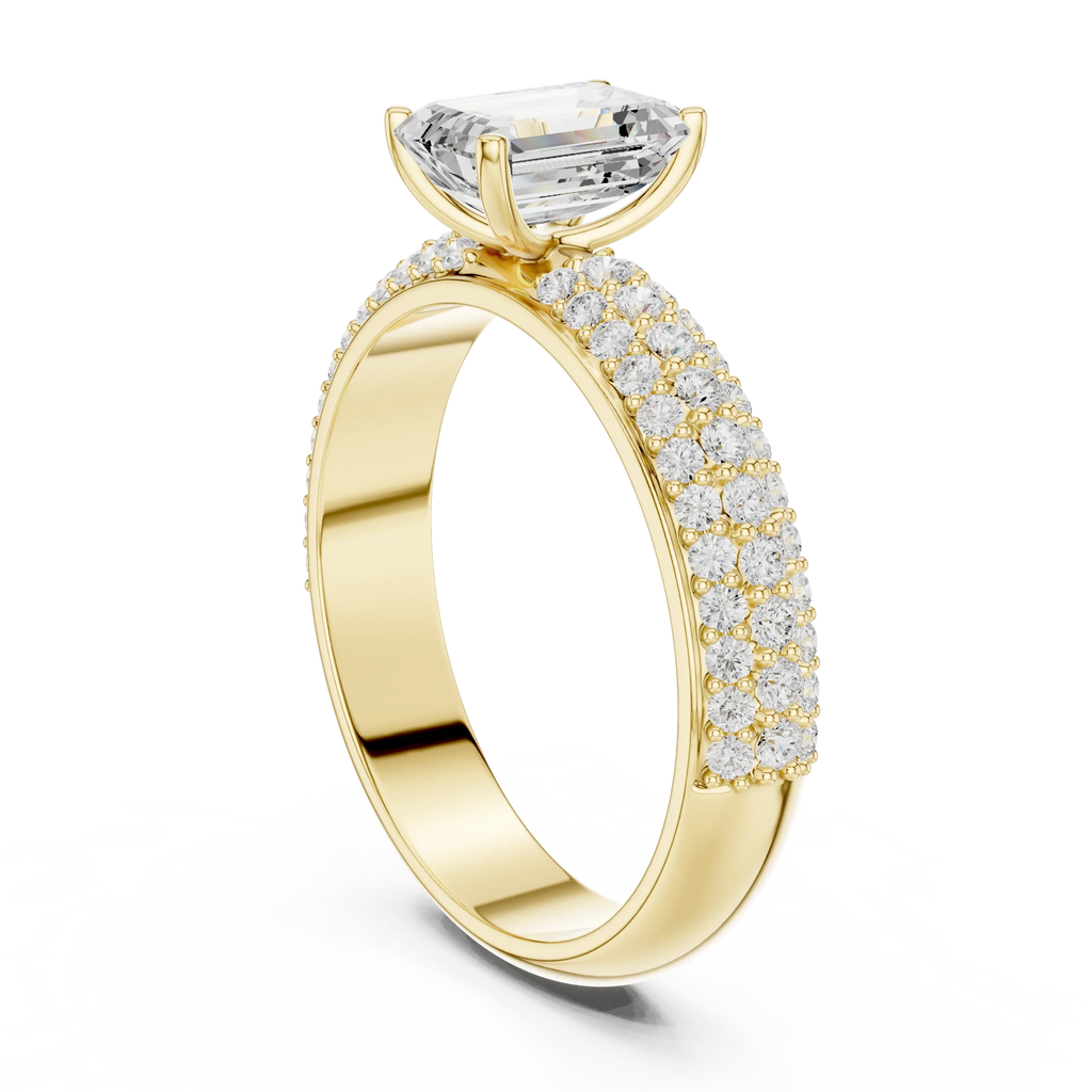 14KT Rose Gold Triple Row Emerald Cut D Color Lab Diamond Ring, Gift For Her