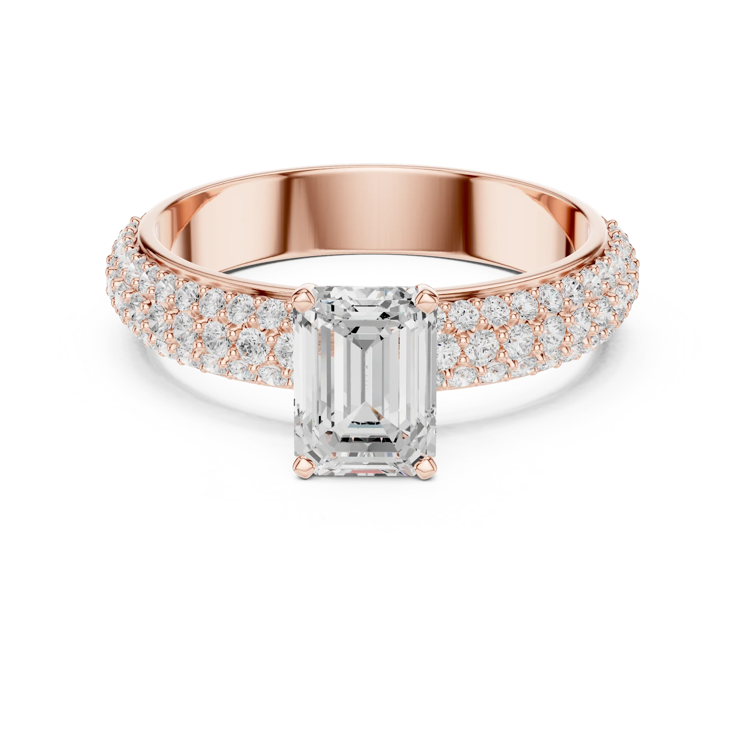 14KT Rose Gold Triple Row Emerald Cut D Color Lab Diamond Ring, Gift For Her