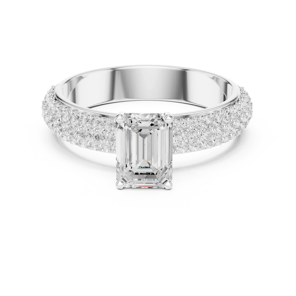 14KT Rose Gold Triple Row Emerald Cut D Color Lab Diamond Ring, Gift For Her