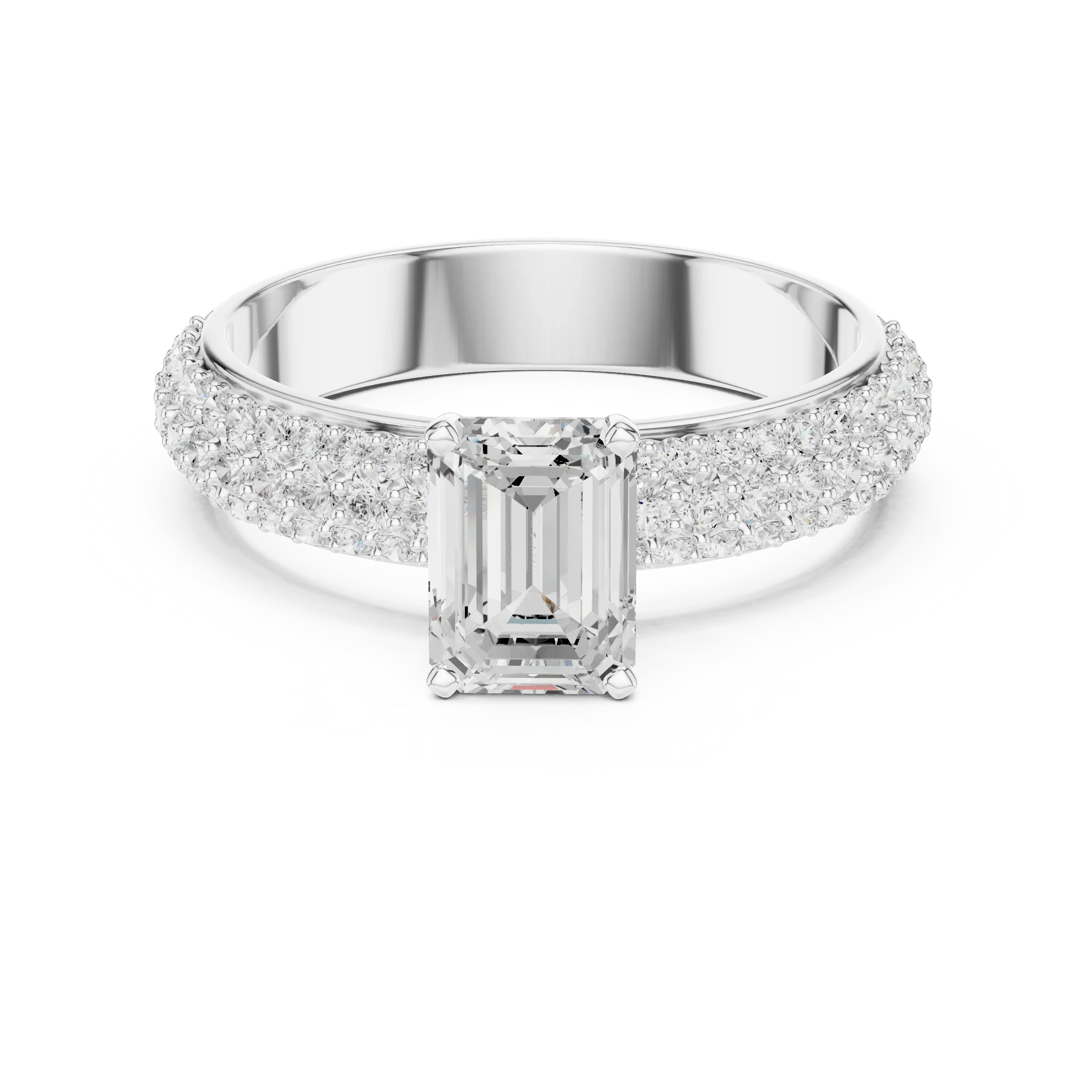 14KT Rose Gold Triple Row Emerald Cut D Color Lab Diamond Ring, Gift For Her
