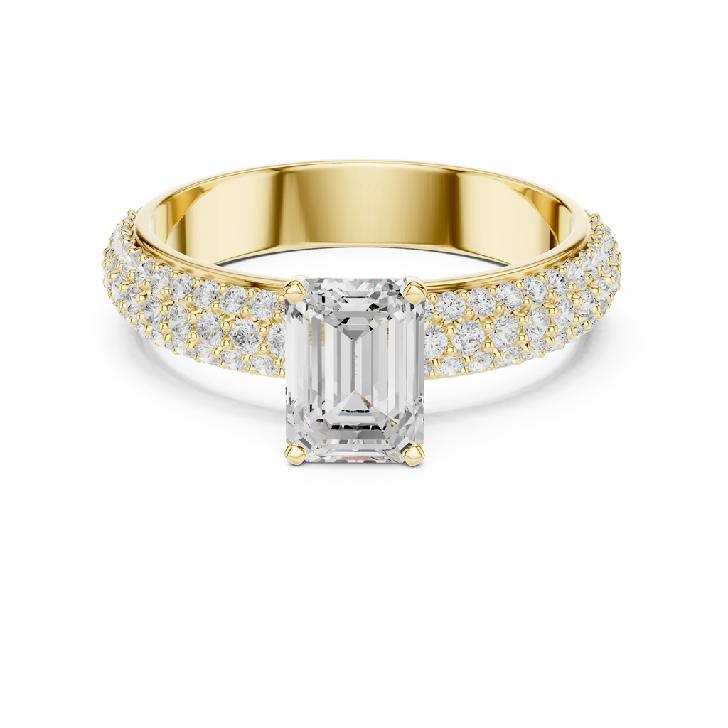 14KT Rose Gold Triple Row Emerald Cut D Color Lab Diamond Ring, Gift For Her